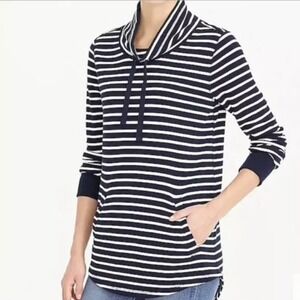 J Crew Beach Striped Funnelneck Sweatshirt Waffle Knit Cotton Navy Blue Pocket S